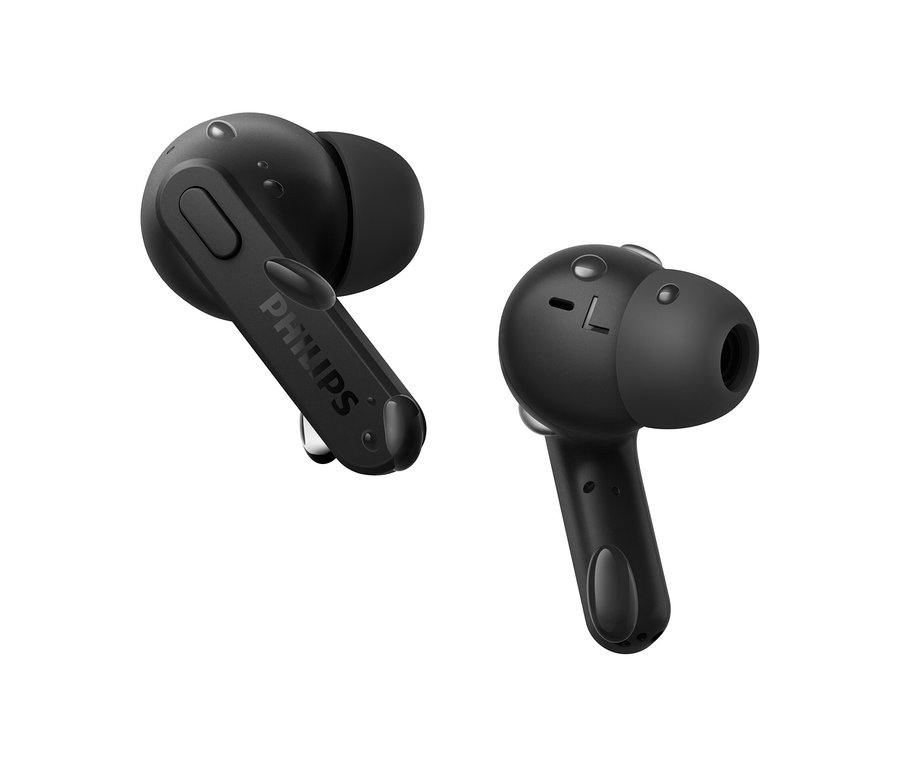 Deux écouteurs intra-auriculaires noirs Philips TWS « TAT2206 » sur fond blanc.