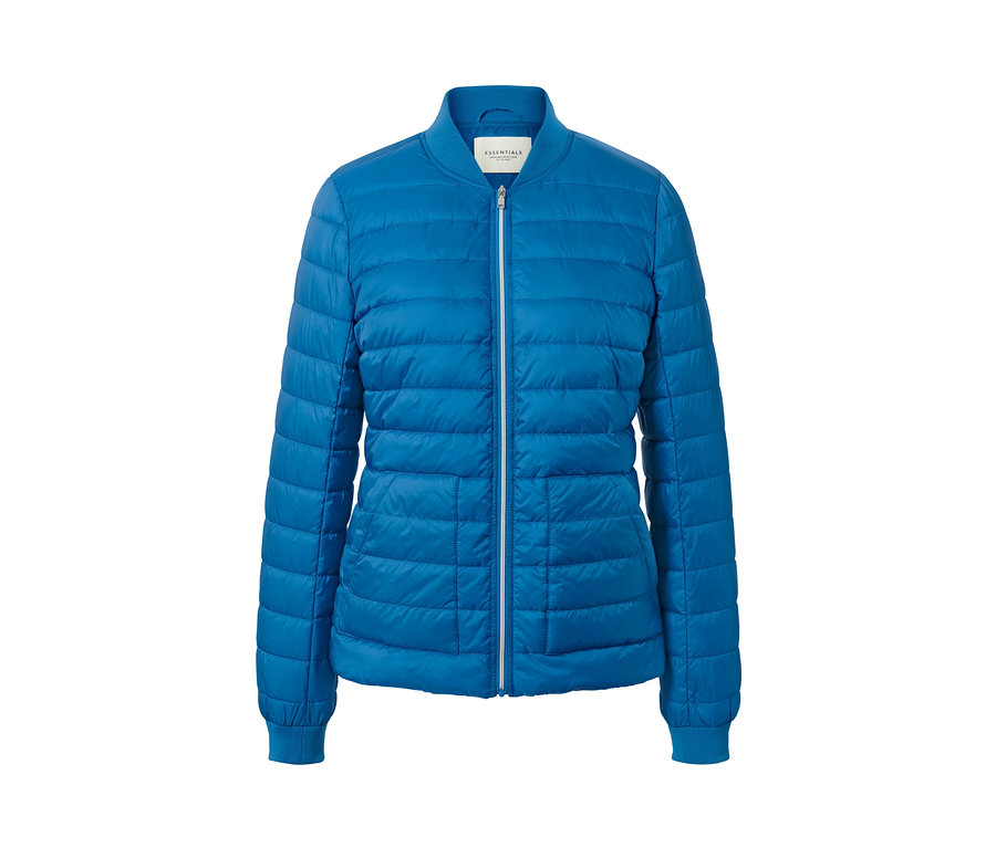 Veste matelassée bleue avec une fermeture éclair au milieu.