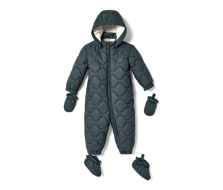 Combinaison d'hiver pour bébé avec capuche, gants et chaussons en vert-gris.