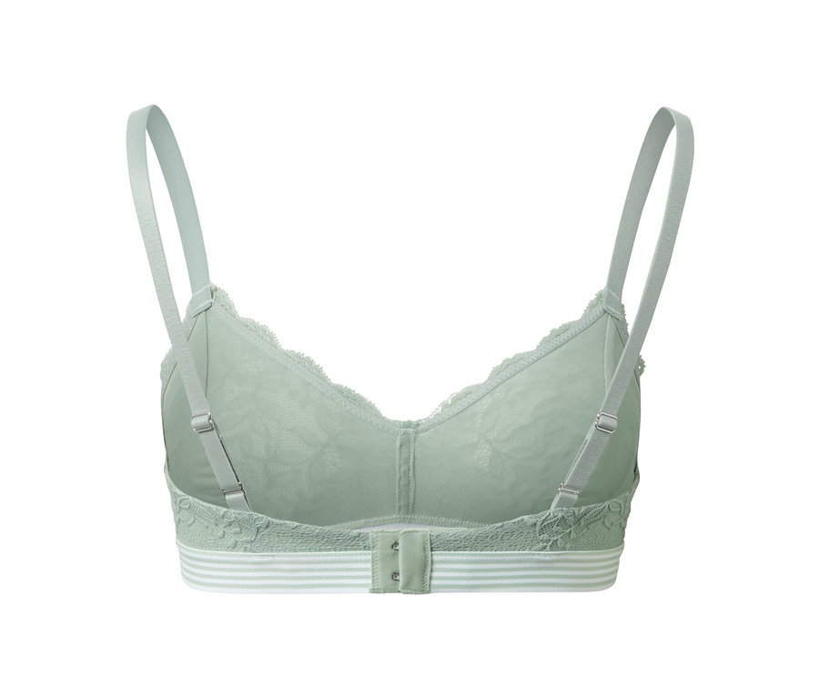 Vue arrière d'un soutien-gorge souple vert menthe avec de la dentelle.