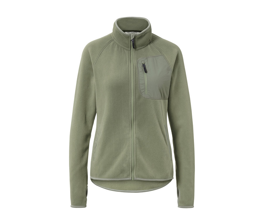 Une veste en polaire verte avec fermeture éclair et poche poitrine.