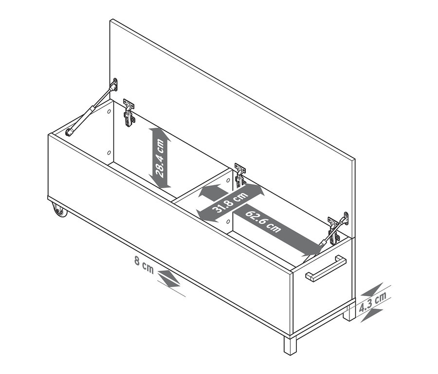 Schéma d'un banc de lit avec fonction coffre et dimensions indiquées.