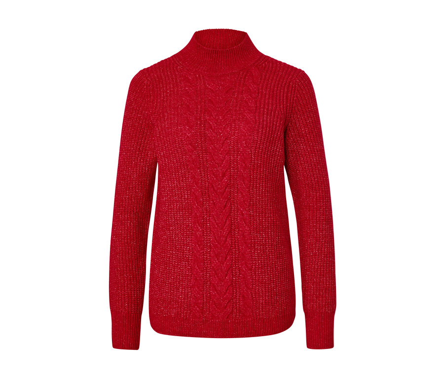 Pull en grosse maille rouge à motif torsadé.