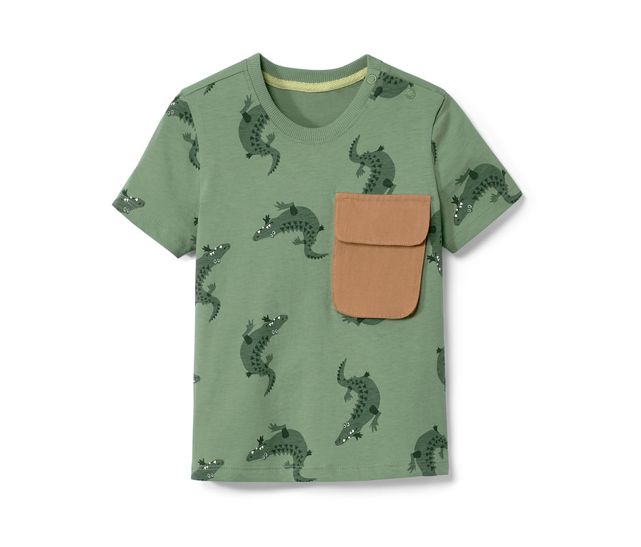 T-shirt pour enfant vert avec imprimé crocodile et poche marron.