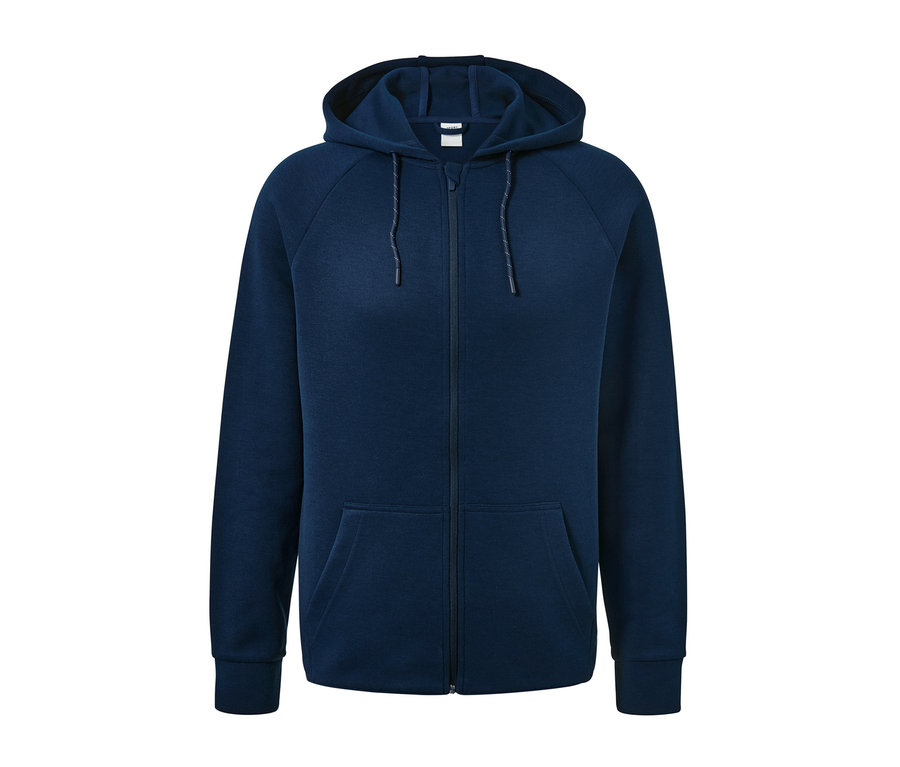 Jaquette sweat fonctionnelle bleu marine avec capuche et fermeture éclair centrale.