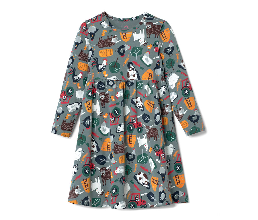 Robe en jersey grise pour bébé avec imprimé intégral d'animaux et de motifs agricoles.