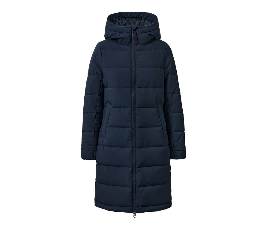 Manteau matelassé bleu avec capuche et fermeture éclair.