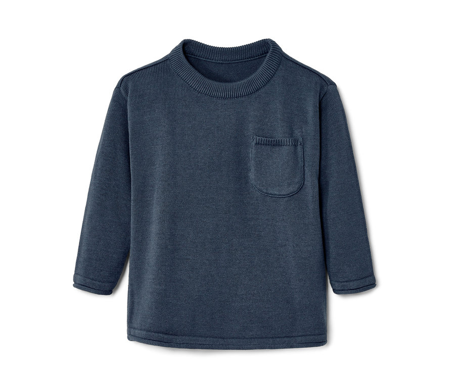 Pull en maille bleu marine pour enfant avec une poche de poitrine.