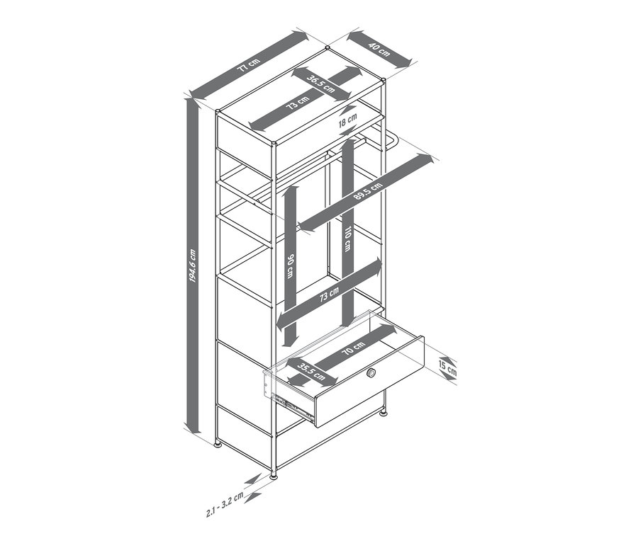 Schéma d'une garde-robe en métal « CN3 » avec tringle à vêtements et 3 tiroirs avec les dimensions.
