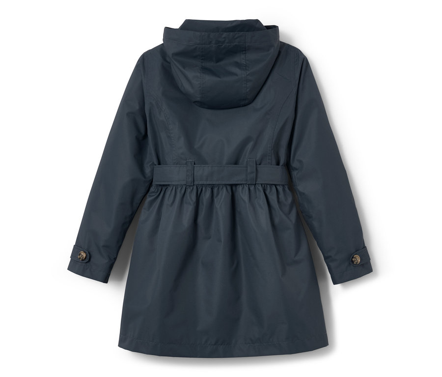Vue arrière d'un trench-coat tout-temps pour enfant avec capuche et ceinture à la taille.
