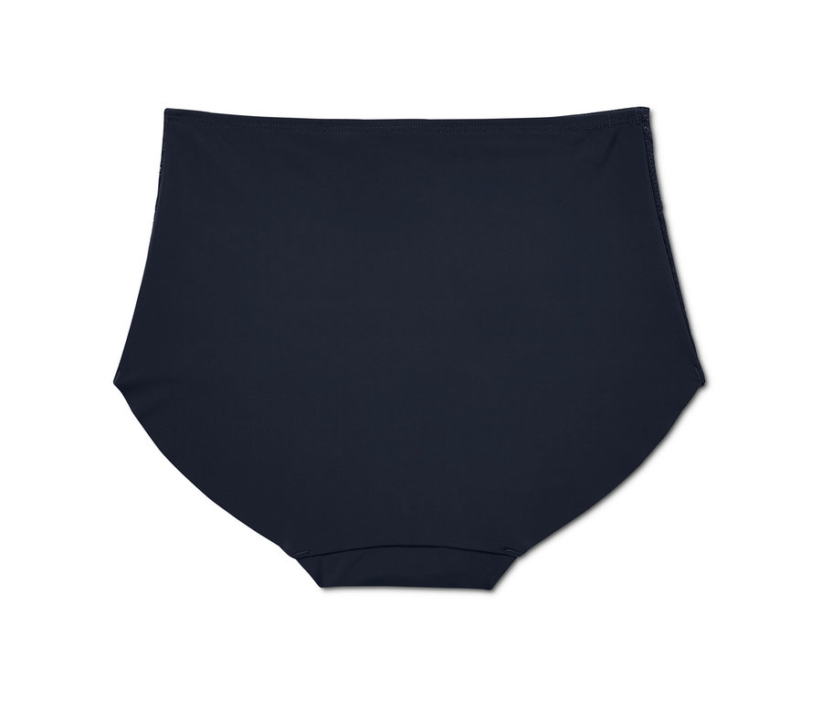 Panty taille haute « sculptant légèrement la silhouette » bleu foncé sur fond blanc.