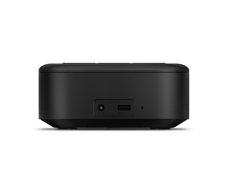 Vue détaillée de l'arrière du radio-réveil DAB Philips « TAR7705 » noir.