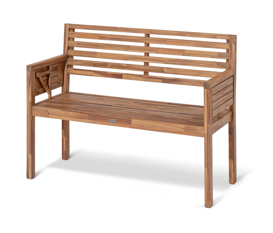 Un banc de jardin marron »Lenja« avec accoudoirs rabattables.