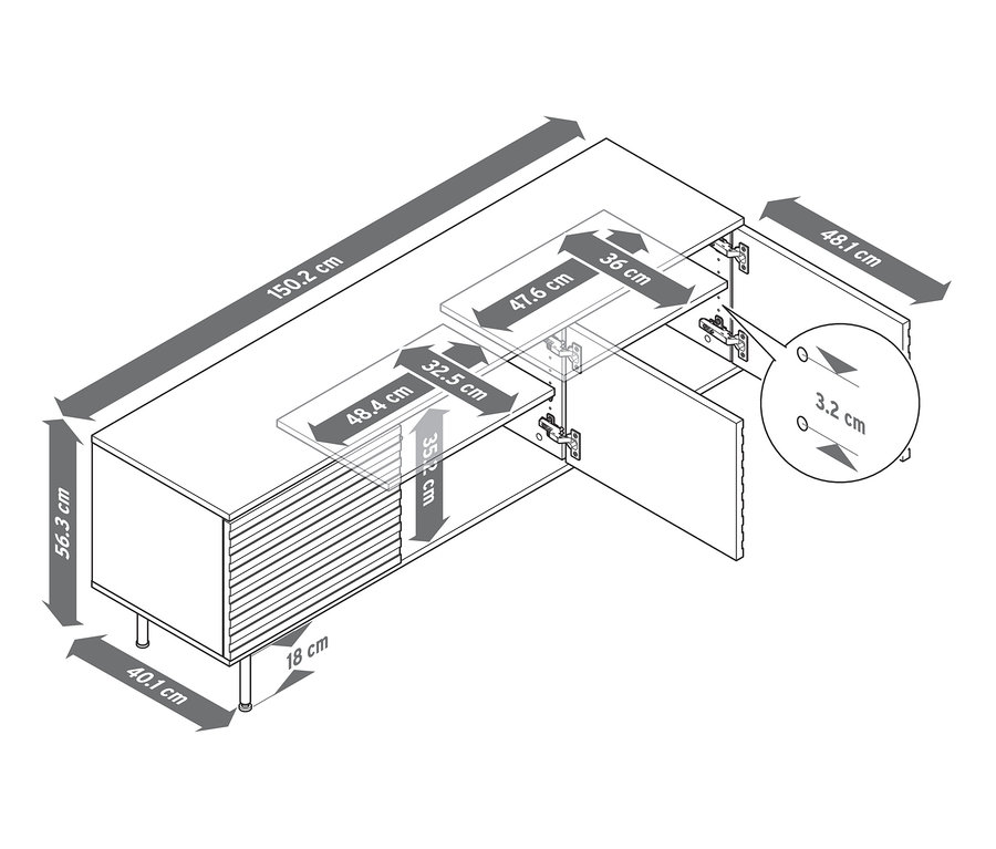 Le schéma du meuble TV »Finnsbo« avec façade à lamelles montre les dimensions.
