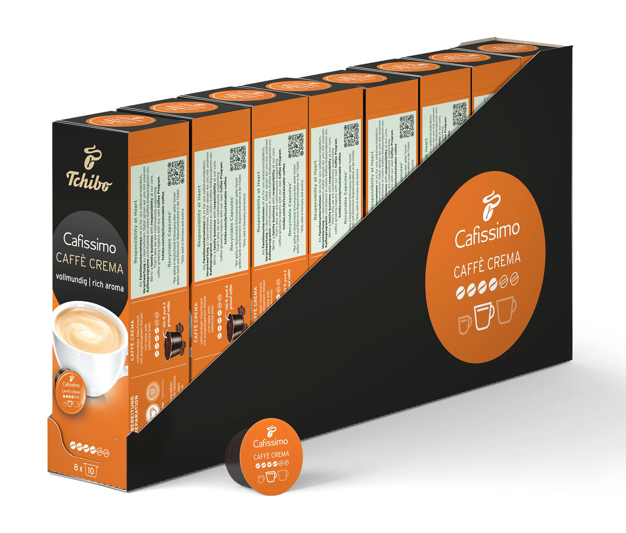 Plusieurs paquets de Cafissimo Caffè Crema vollmundig (intense) – 80 capsules sont alignés dans un support noir.