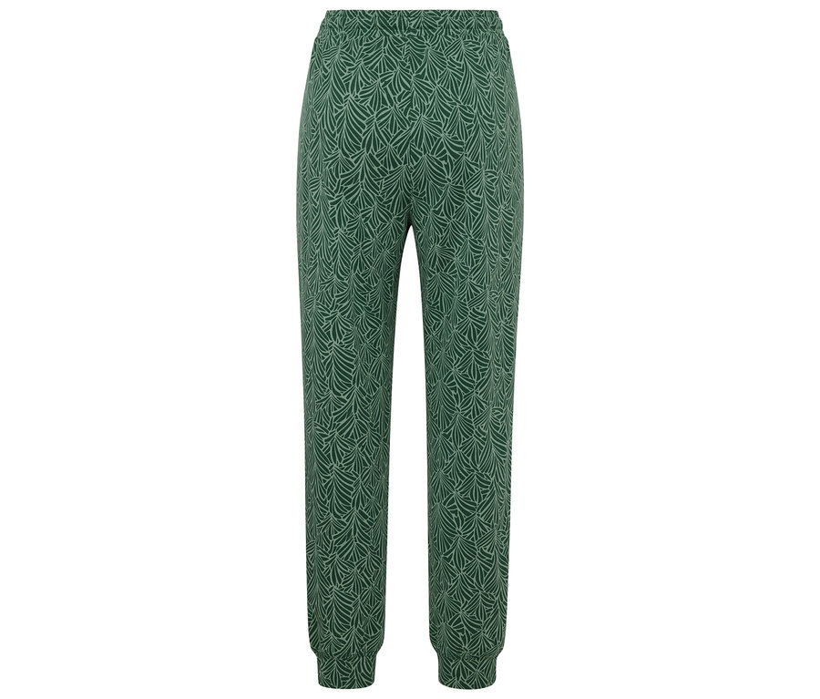 Pantalon vert à motif de feuilles.