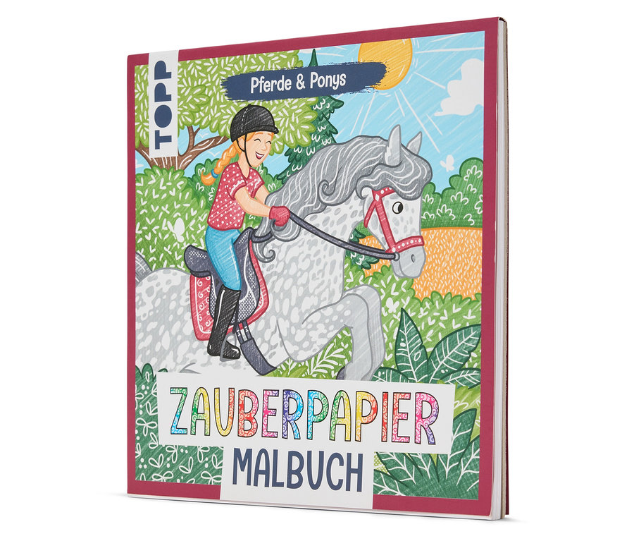 Illustration d'une fille à cheval sur la couverture du livre Zauberpapier Malbuch Pferde & Ponys.