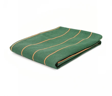 Nappe lavable pliée, env. 90 x 90 cm, à rayures vertes et orange.
