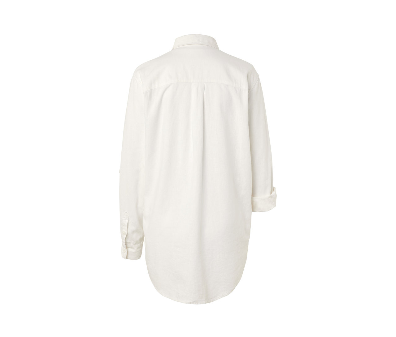 Vue arrière d'une blouse longue en lin, blanche.