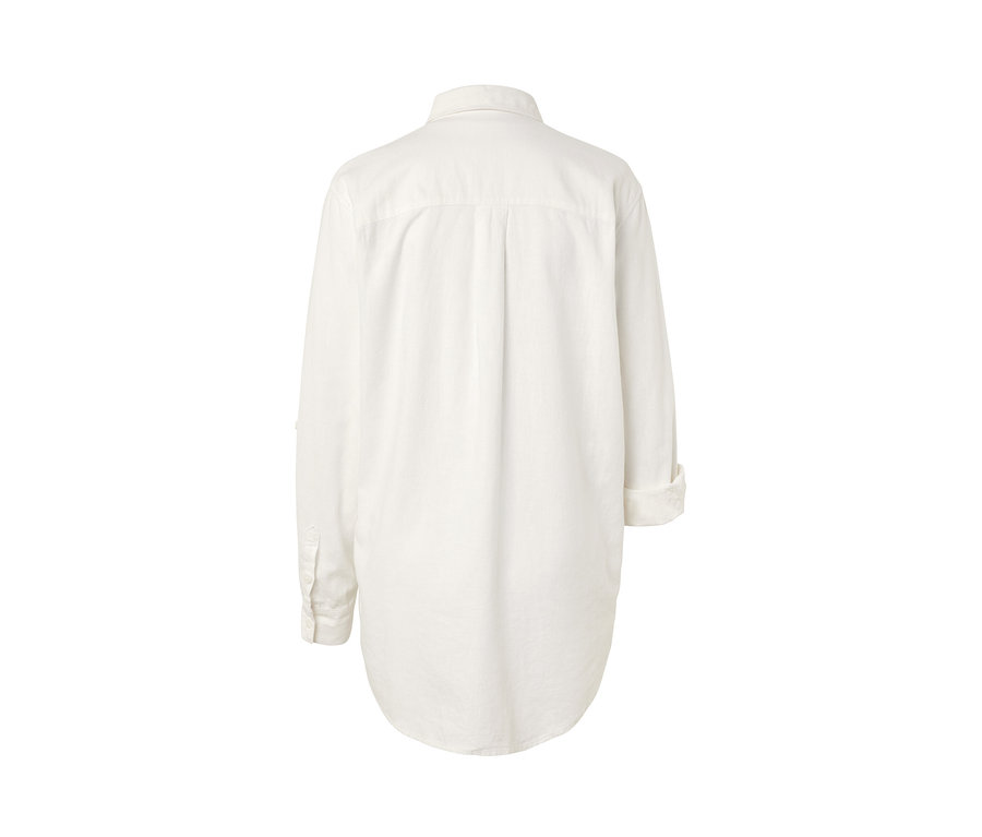 Vue arrière d'une blouse longue en lin, blanche.