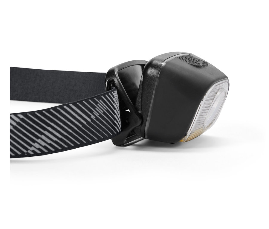 Gros plan d'une lampe frontale noire avec un bandeau rayé.