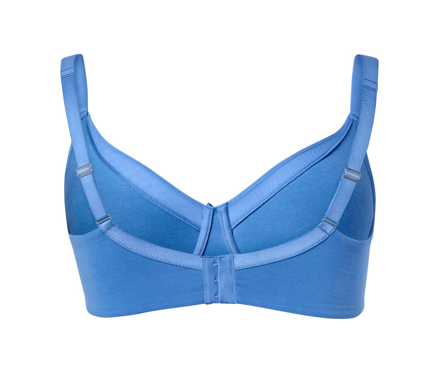 Vue détaillée de l'arrière d'un soutien-gorge minimiseur bleu.