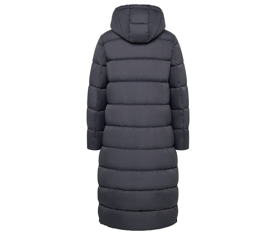 Détail du dos d'une longue doudoune matelassée à capuche de couleur grise.