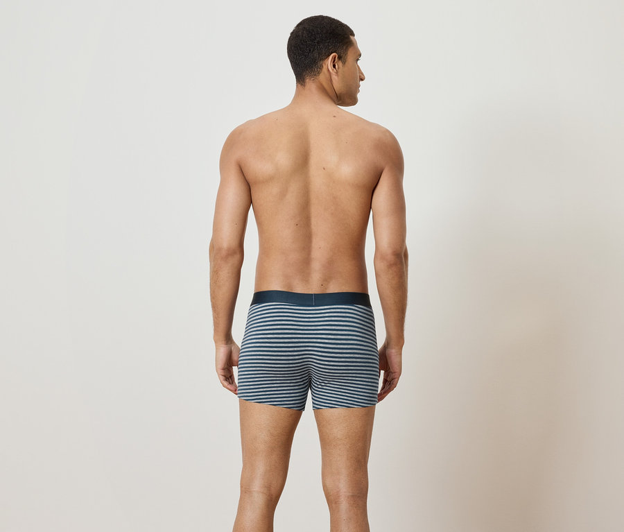 Un homme, vu de dos, porte un caleçon boxer rayé.