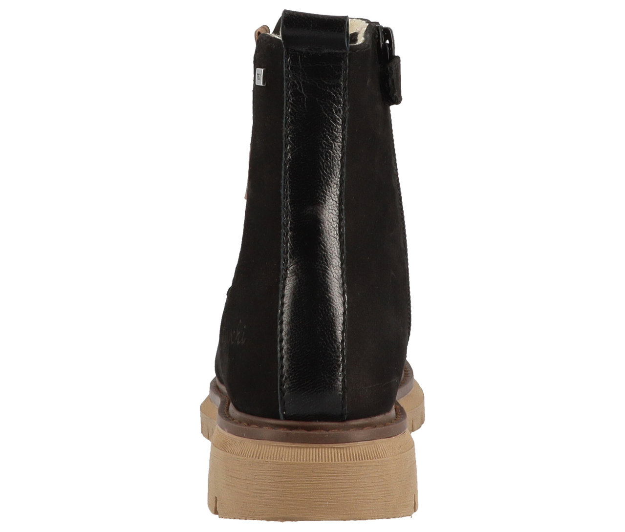 Bottine noire LURCHI »Elena-TEX« avec semelle marron vue de derrière.