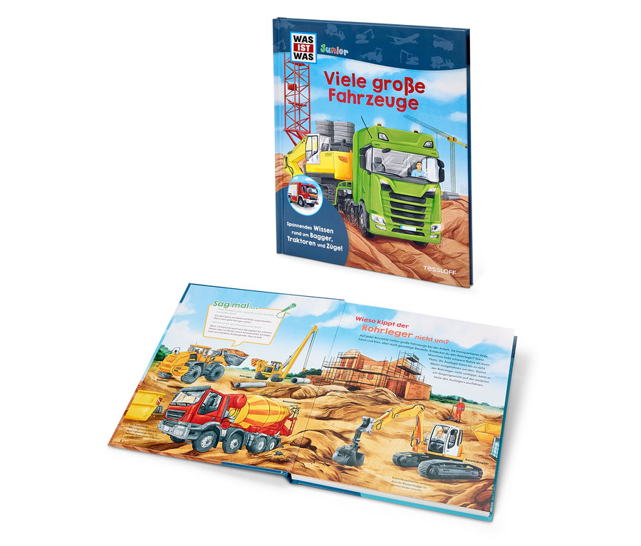 Deux livres ouverts. Le livre du haut a pour titre "Beaucoup de gros véhicules" et des illustrations de camions. Le livre du bas montre différents véhicules sur un chantier de construction.