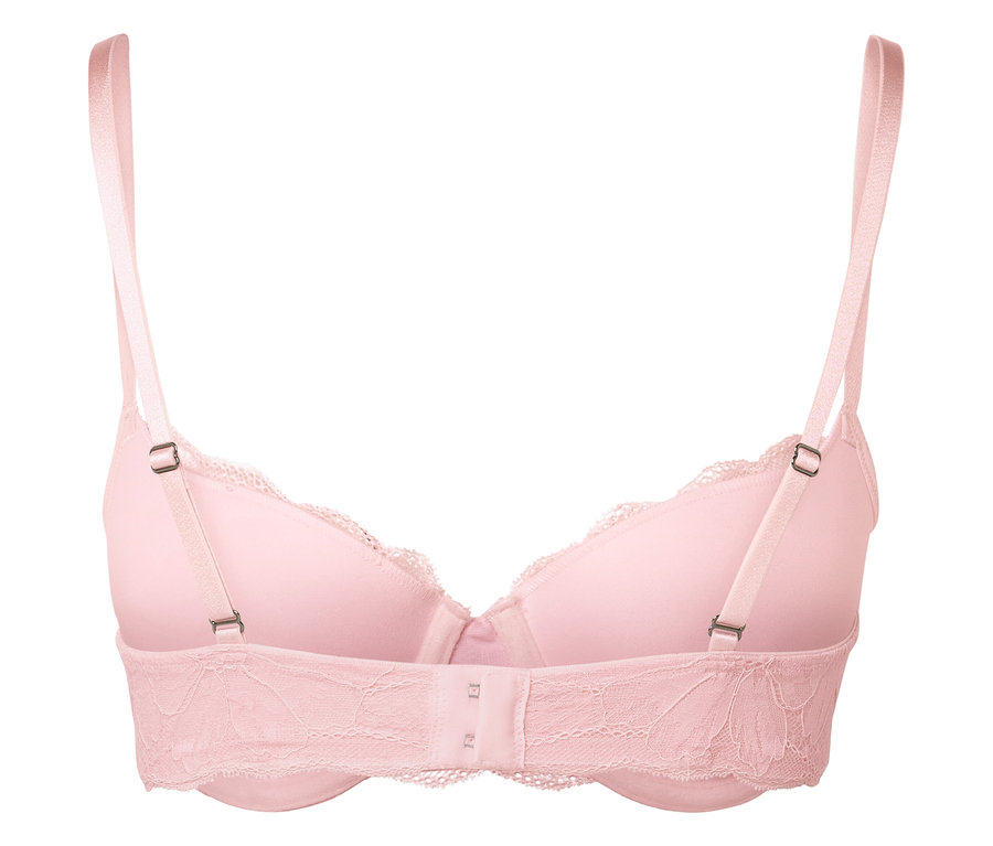 Détail d'un soutien-gorge en dentelle rose avec bretelles réglables.