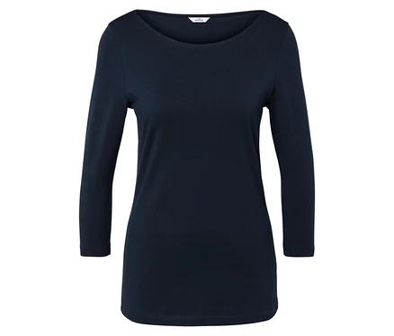 T-shirt bleu marine à manches longues et col rond sur fond blanc.