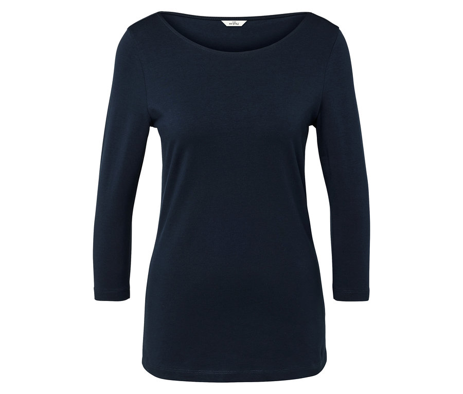 T-shirt bleu marine à manches longues et col rond sur fond blanc.