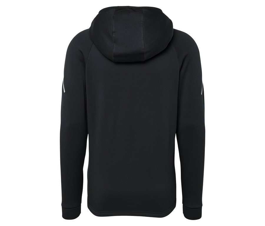 Vue arrière d'un sweat à capuche noir à manches longues.