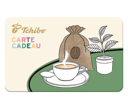 Illustration d'une carte cadeau avec café, grain de café, plante et logo Tchibo.