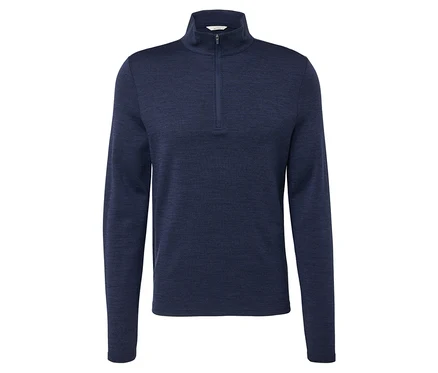 T-shirt technique bleu marine avec de la laine certifiée RWS et une fermeture éclair courte.