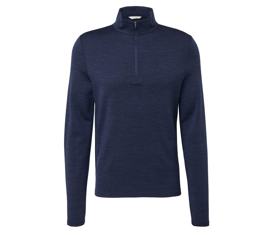 T-shirt technique bleu marine avec de la laine certifiée RWS et une fermeture éclair courte.