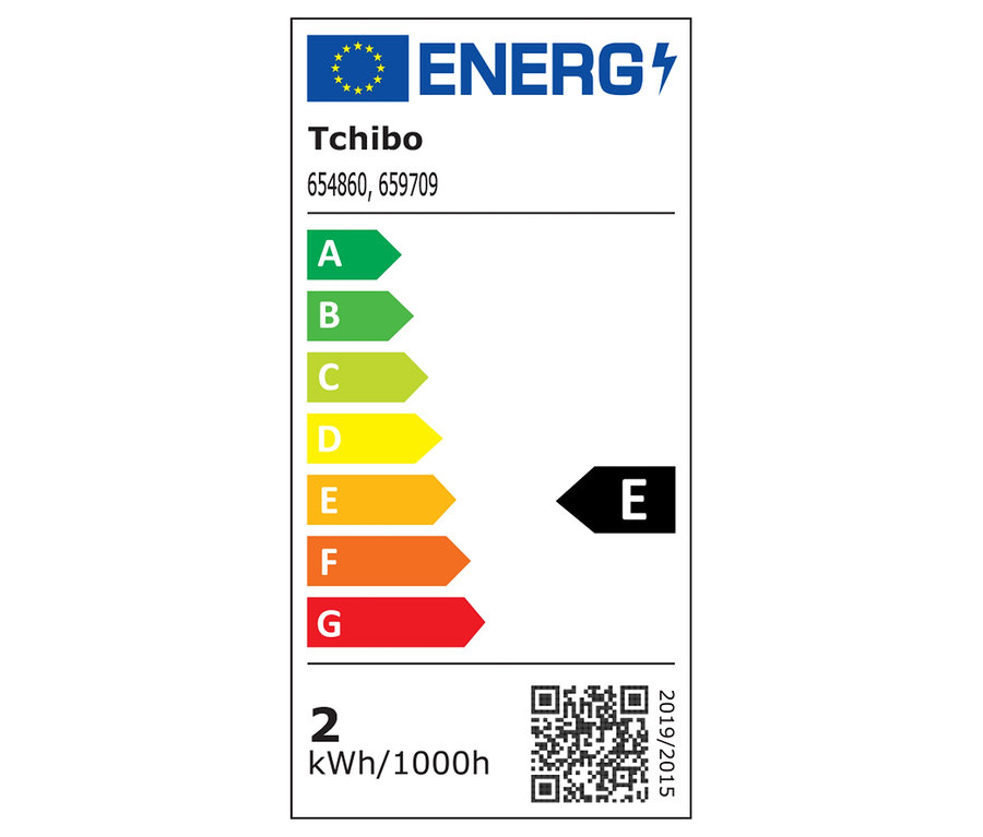 Étiquette énergétique Tchibo de classe E avec indication de consommation 2 kWh/1000h.