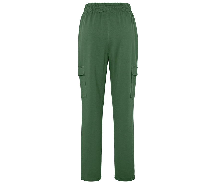 Pantalon cargo vert avec ceinture élastique et poches latérales.
