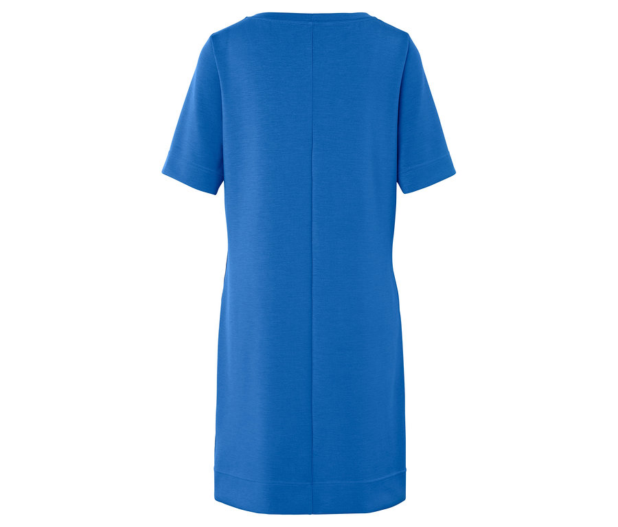 Vue arrière d'une robe bleue à manches courtes.
