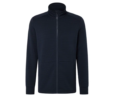 Veste en tricot bleu marine avec fermeture éclair intégrale et col montant.