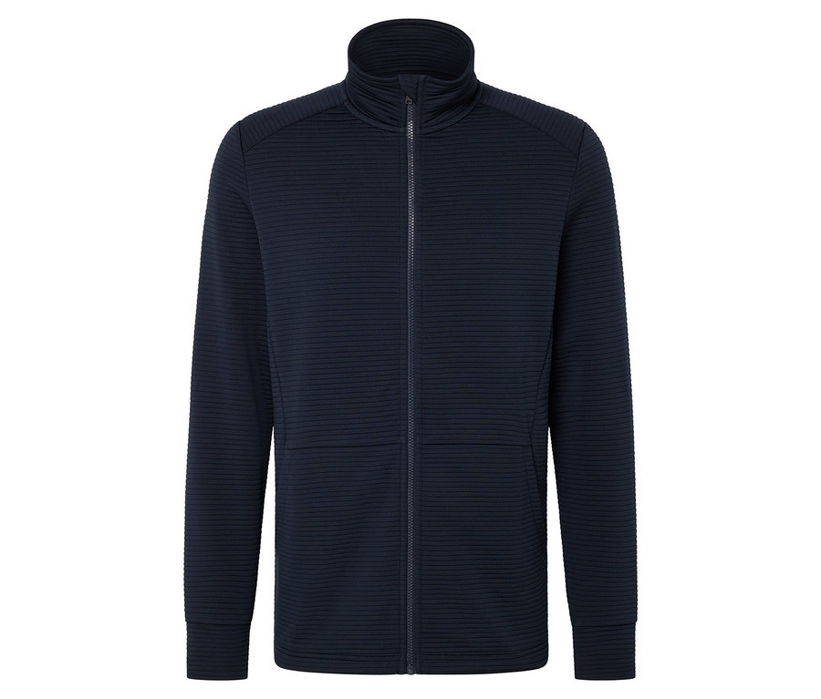 Veste en tricot bleu marine avec fermeture éclair intégrale et col montant.