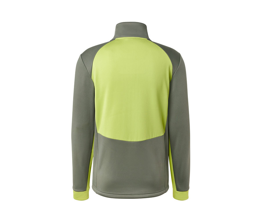 Vue arrière d'une veste thermique kaki et citron vert.