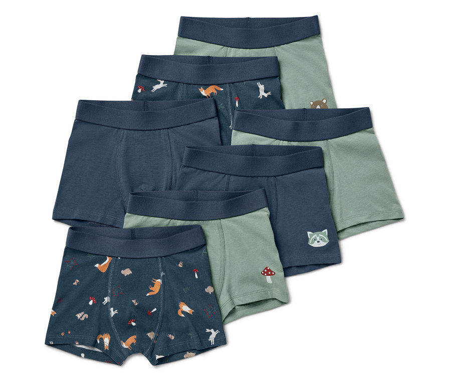 Un ensemble de six boxers pour garçons dans les tons vert et bleu foncé avec des motifs d'animaux et de champignons.