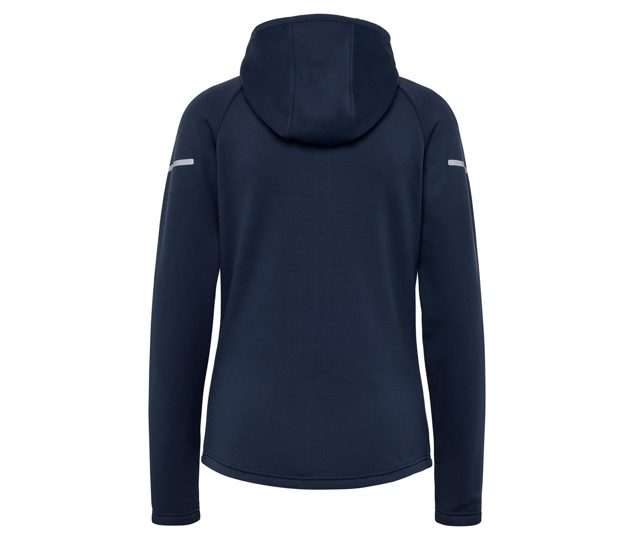 Vue arrière d'un sweat à capuche bleu foncé à manches longues.