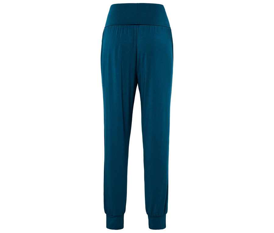 Vue arrière d'un pantalon de jogging bleu foncé avec taille élastique et poignets.