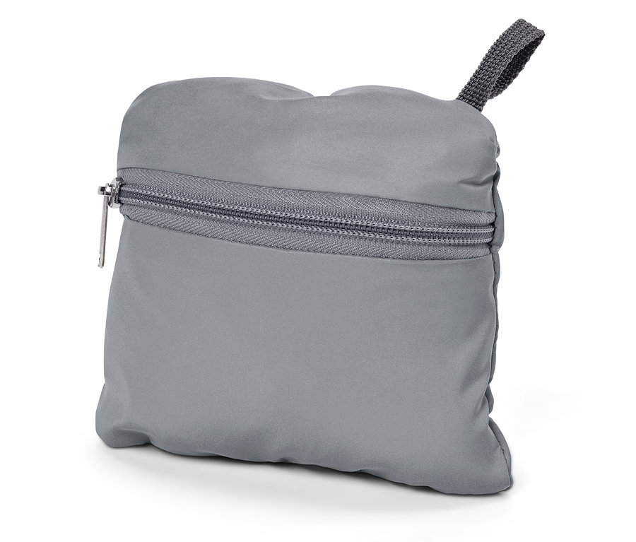 Pochette grise avec fermeture éclair et dragonne.