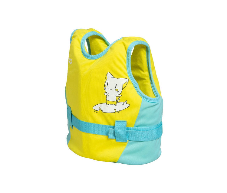 Gilet de natation arena Friends jaune et turquoise avec une image de chat.