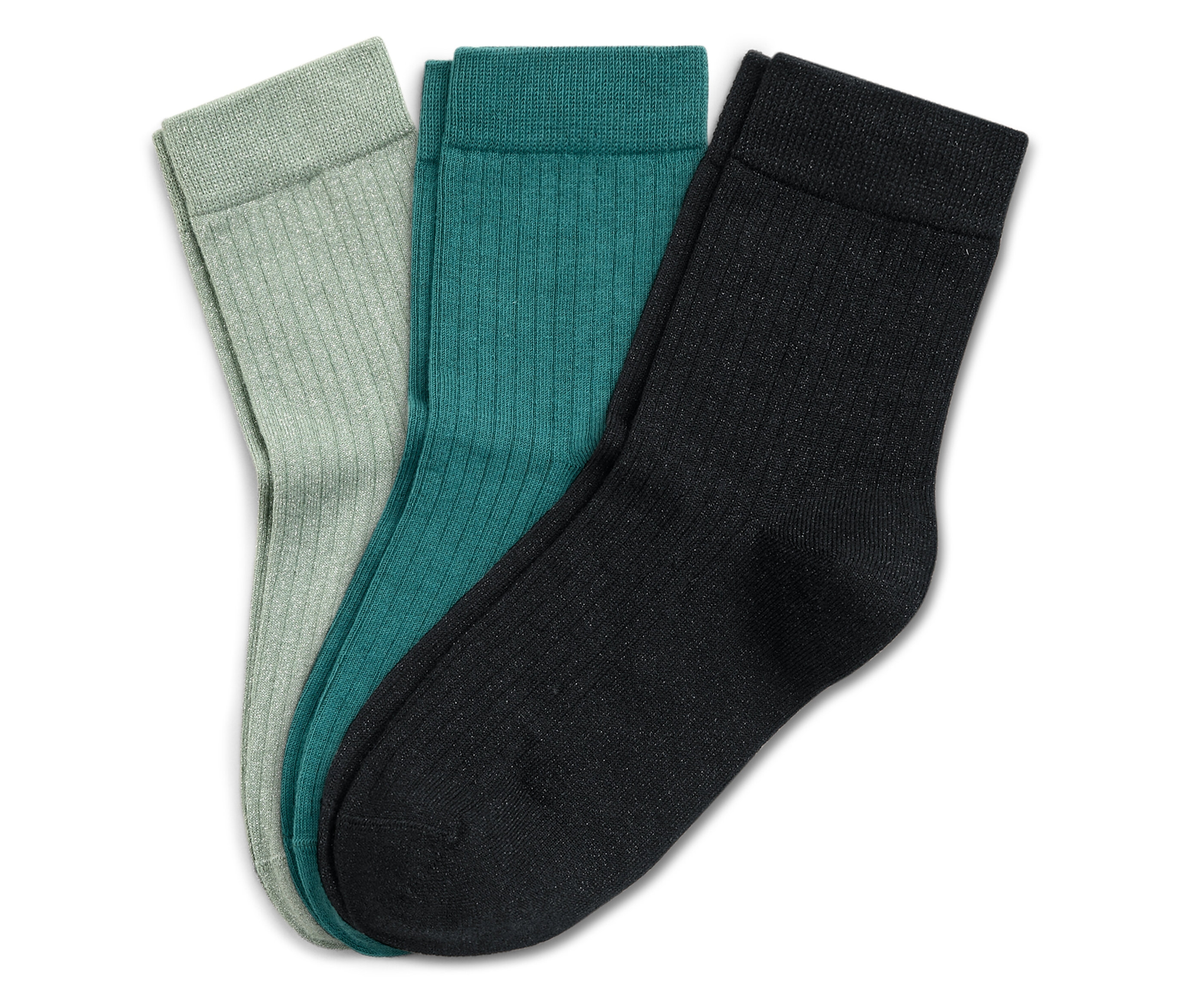 Trois paires de chaussettes côtelées en vert, turquoise et noir.