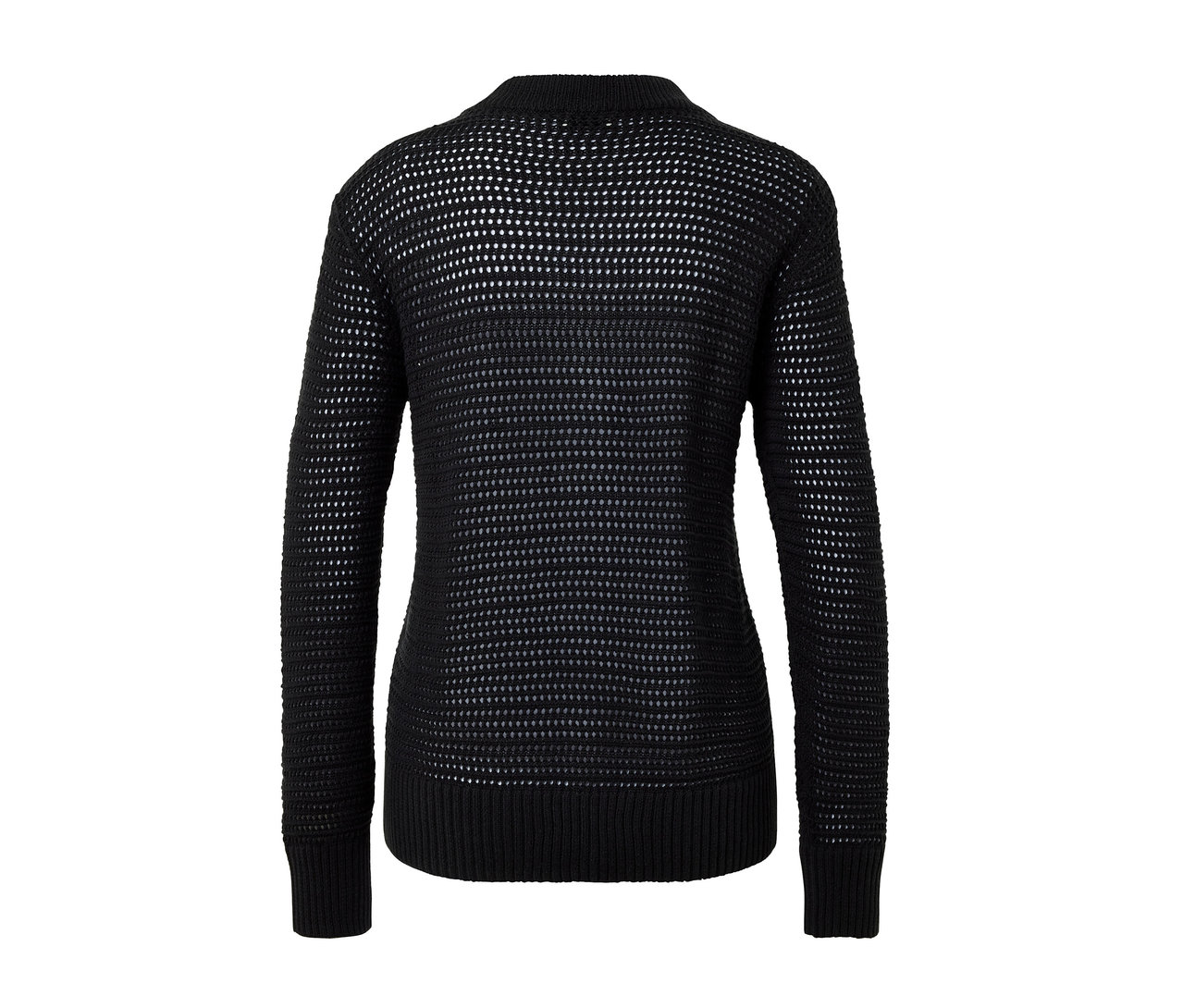 Vue détaillée de dos d'un cardigan noir en maille pointelle.